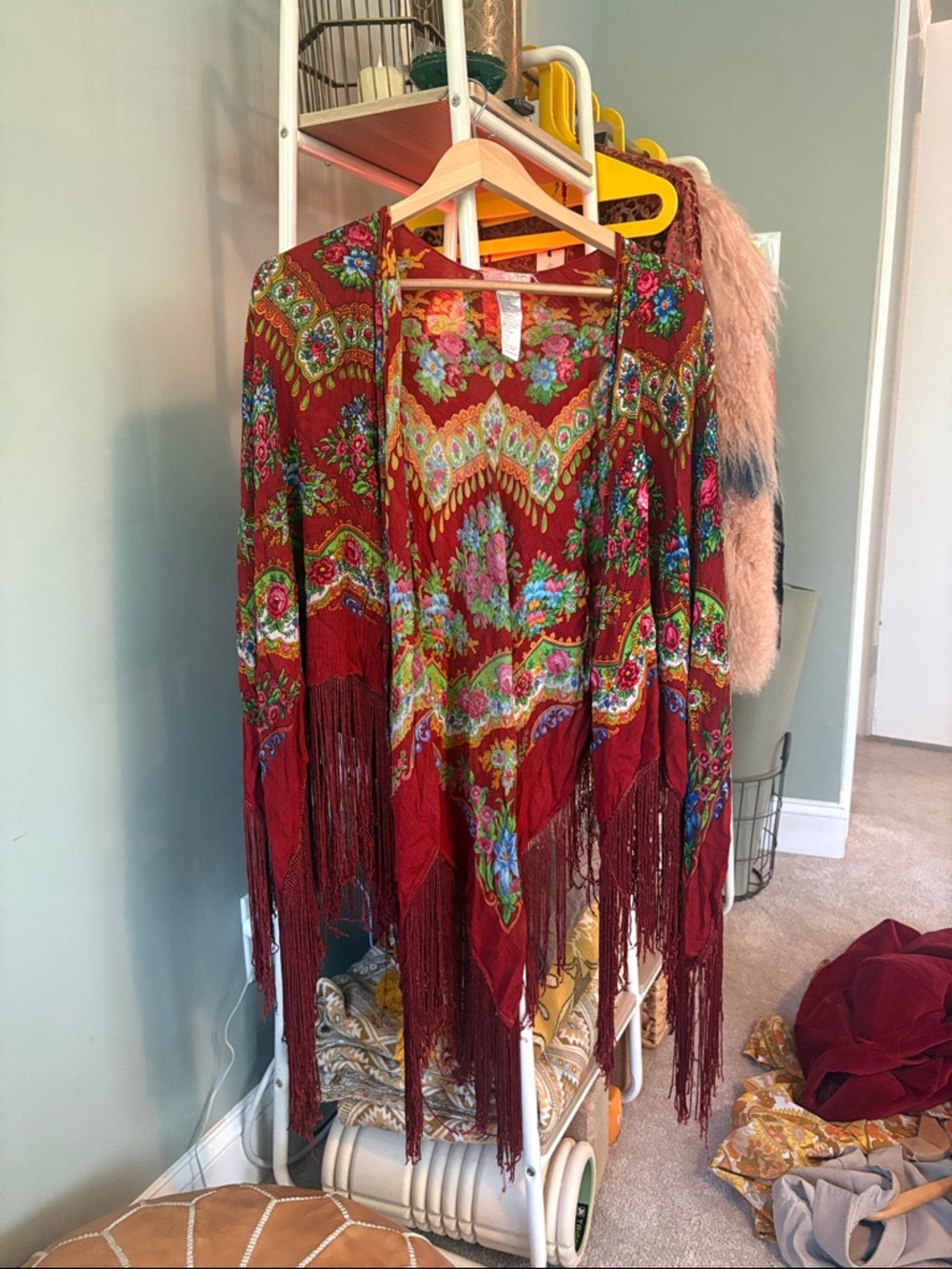 Free People Red Floral Open Kimono with Fringe